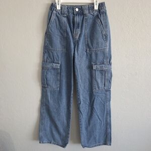 Simple Society Juniors Cargo Blue Jeans High Rise Pockets Elastic Waist Sz 3/26